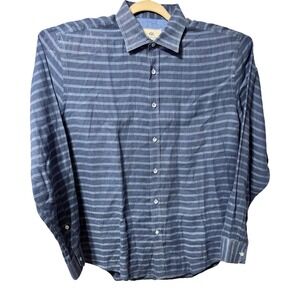 REPORT COLLECTION Resort Linen Blue Stripe Button Down Shirt Long Sleeve Size XL